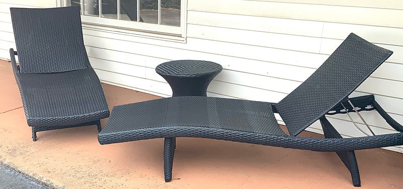 Pair of Frontgate Resin Wicker Chaise Lounges With Table