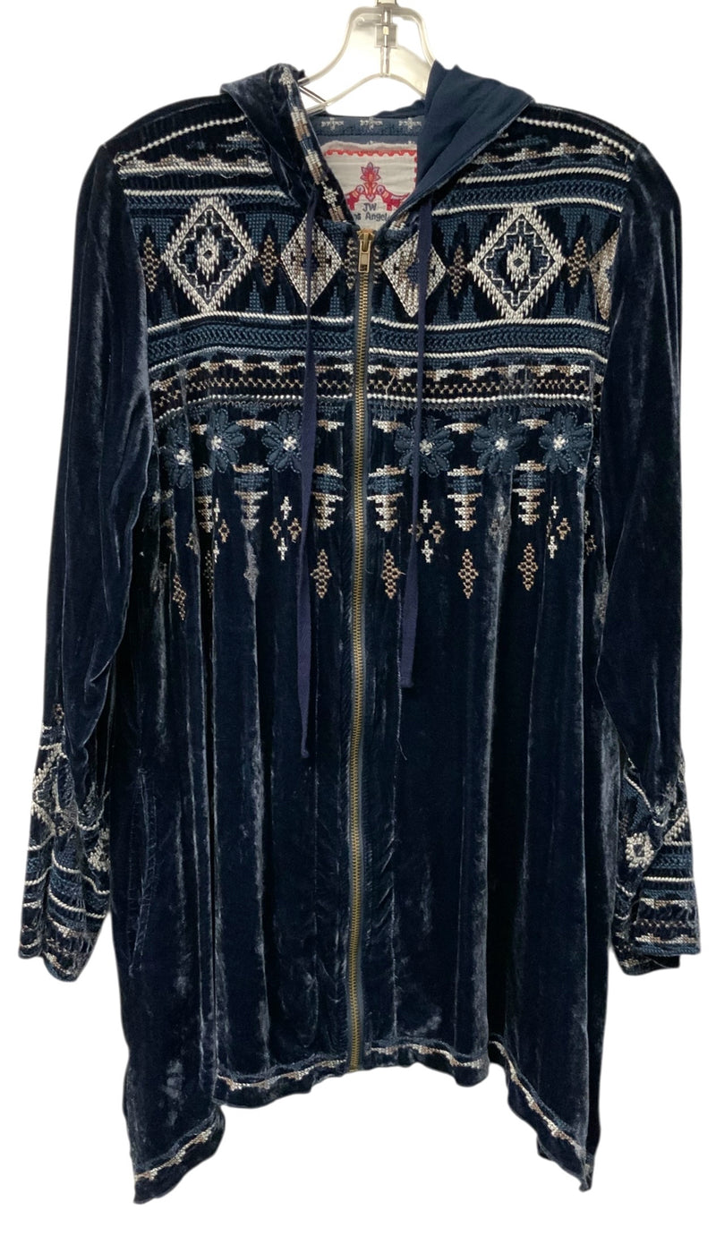 JOHNNY WAS Midnight Blue w/Blue & Tan Floral Embroid Hooded Zip Jacket