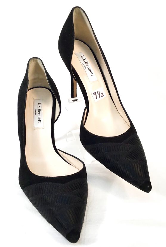 L.K. BENNETT Black Suede Ribbon Tie Pumps 38