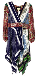 MOULINETTE SOEURS Navy/Berry/Green "Istanbul" Handkerchief Hem L/S Dress