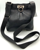 FERRAGAMO Black Pebbled Leather Gancinini Clasp Crossbody Bag