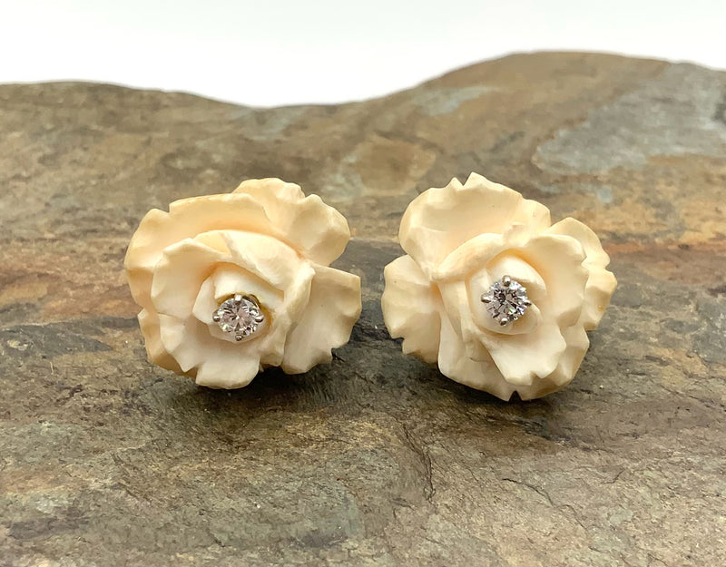 14kt Gold, Diamond & Carved Bone Clip-On Earrings