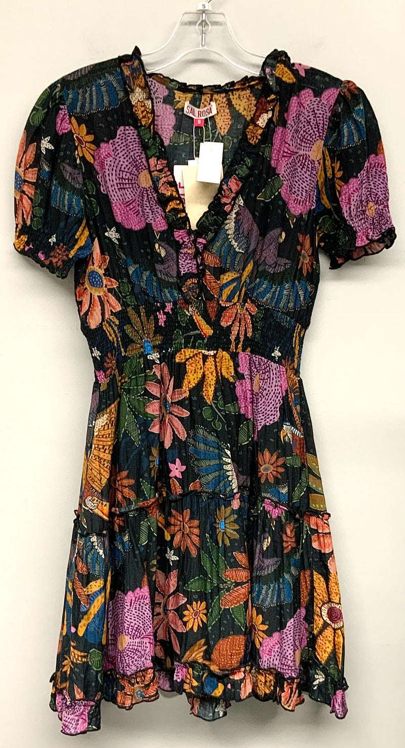 SAL ROSA Black/Purple/Multi Floral Smocked Waist Ruffle V-Neck Dress