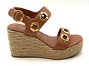 LARROUDE Luggage Tan Leather Goldtone Milan Esapdrille Wedge Sandals 6