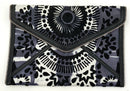 REBECCA MINKOFF Black Blue White Printed Leather Embroidered Leo Envelope Clutch