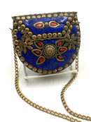 Artisan Inlaid Red & Blue Mosaic Brass Accent Mini Crossbody Bag