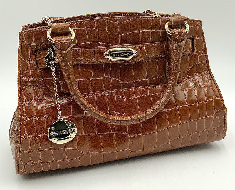 ST JOHN Brown Croc Embossed Leather Chain Strap Satchel