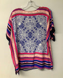 TRINA TURK Blue/Pink/White/Multi Stripe Tie Neck S/S Silk Top