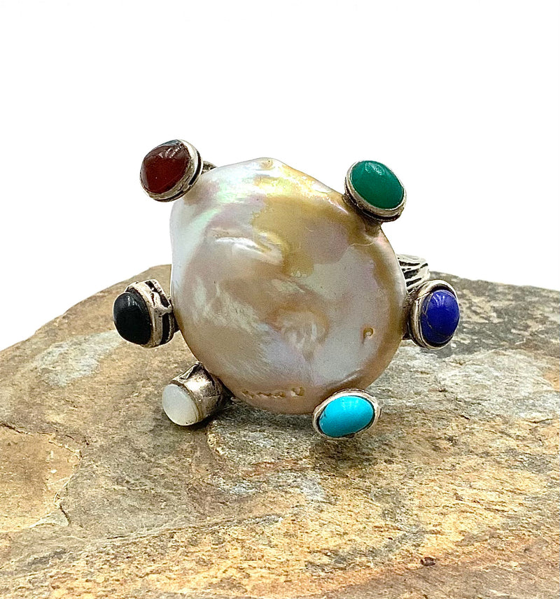 Sterling, Pearl, Turquoise, Lapis, Onyx, Carnelian & Jasper Ring