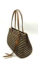 ERIC JAVITS Tan/Black Woven Stripe w/Leather Accents Tote Bag