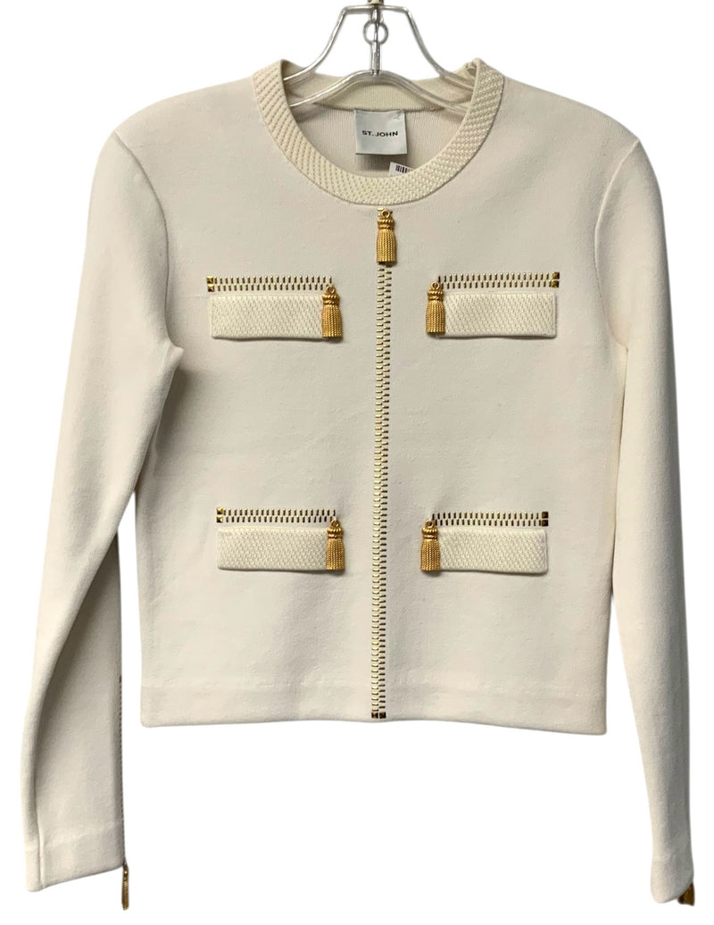 ST JOHN Ivory Knit Goldtone Tassel Accent L/S Top