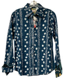 TIZZIE Blue/White Floral w/Contrasting Cuff L/S B/D Top