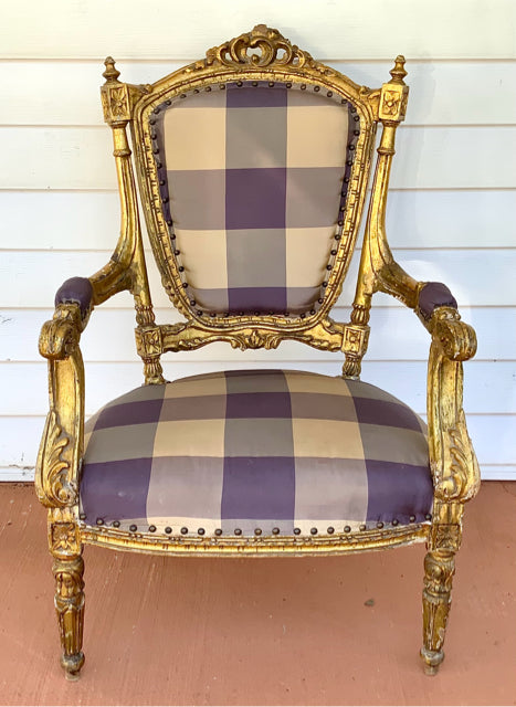 Reproduction French Armchair with Distressed Gilt Finish