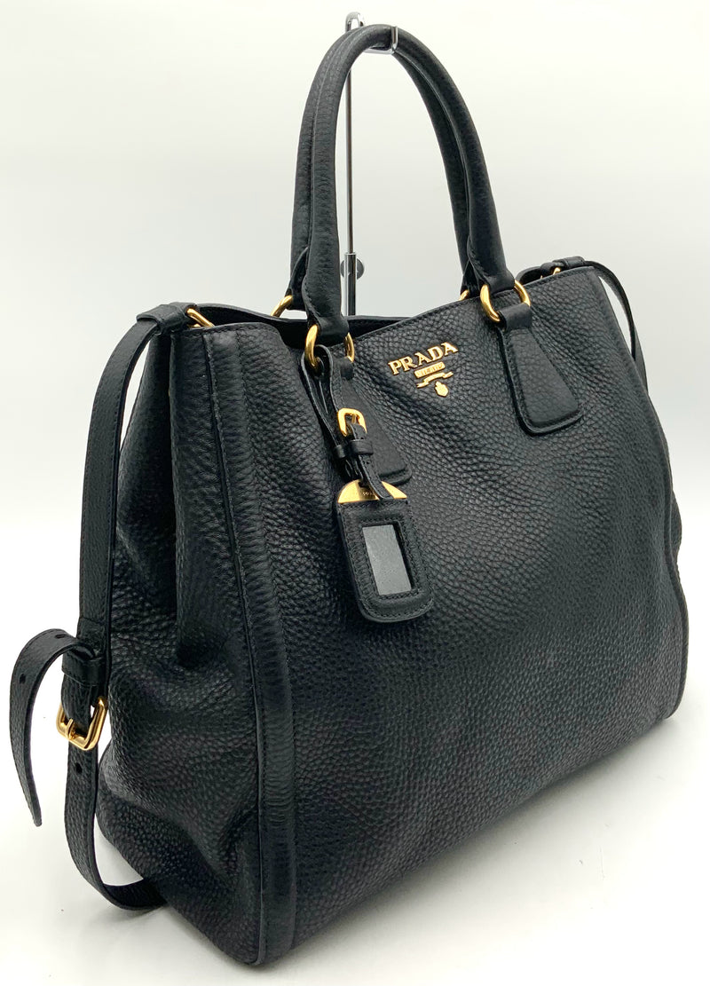 PRADA Black Grained Leather Daino Vitello Satchel
