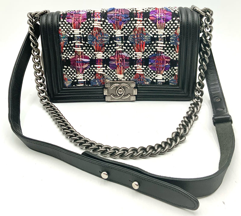 CHANEL Black Leather Purple Multi Tweed Boy Bag