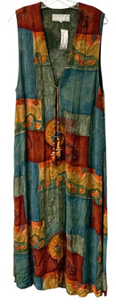 DOROTHY SCHOELEN Vintage Teal Burgundy Artwear Beaded Tie Front Long Vest