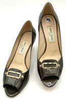 JIMMY CHOO Green Pearl Patent Lea Logo Buckle O/T Iona Pumps 38.5