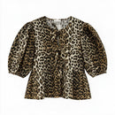 GANNI Black Tan Leopard Printed Cotton Tie Front Puff Slv Top