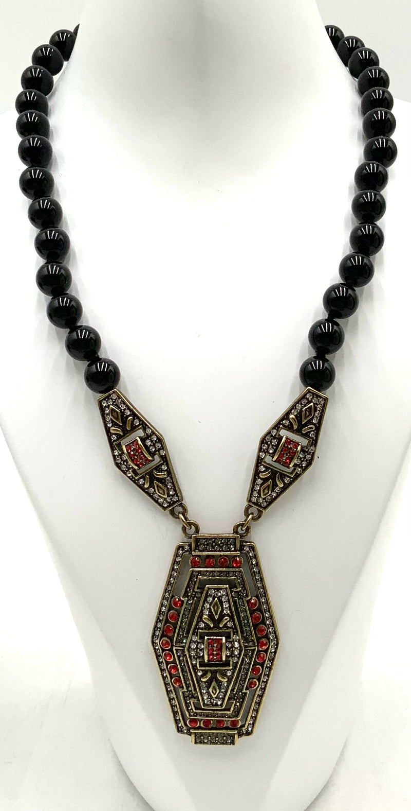 HEIDI DAUS Onyx Bead Red Crystal Art Deco Pendant Necklace