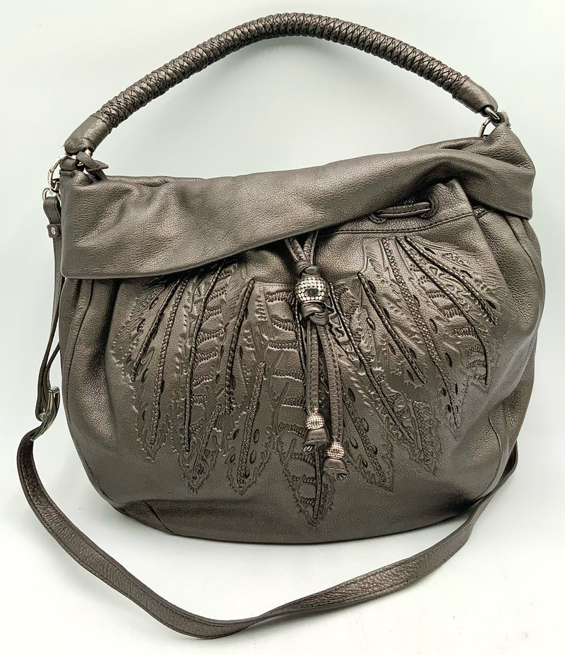 BRIGHTON Gunmetal Feather Embossed Leather Nina Satchel AS IS