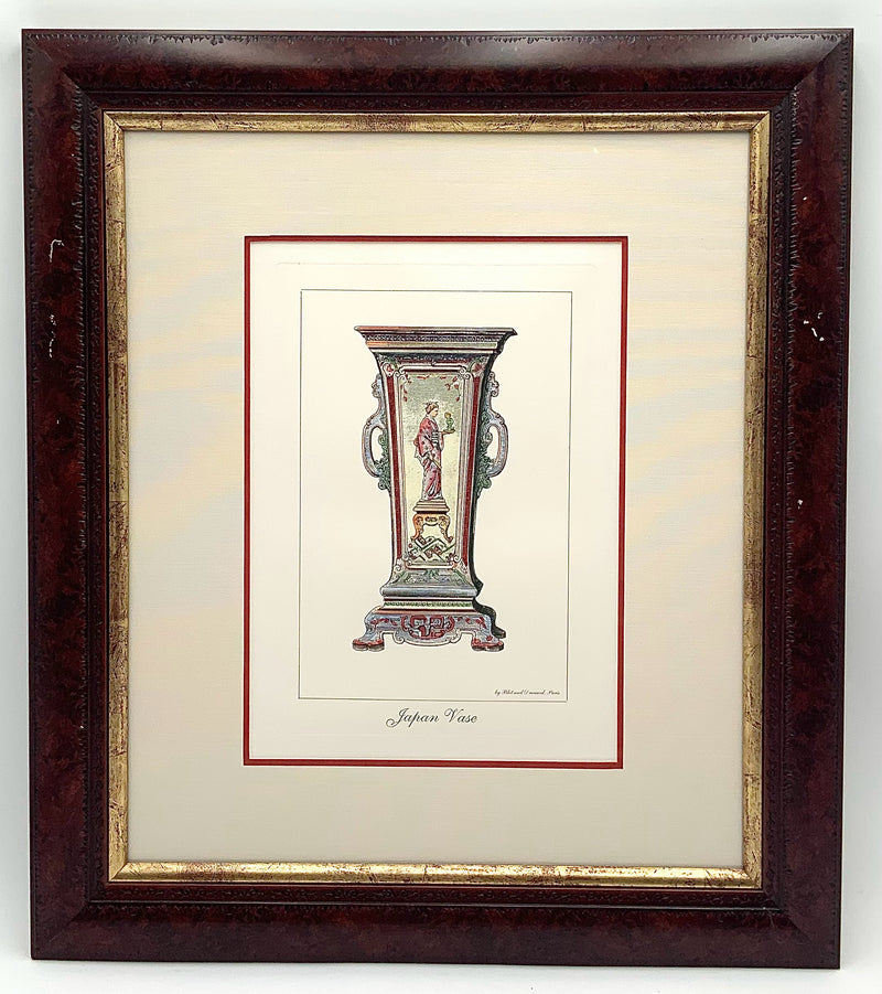 Pair of Japanese Vase Lithographs in Wood Frames