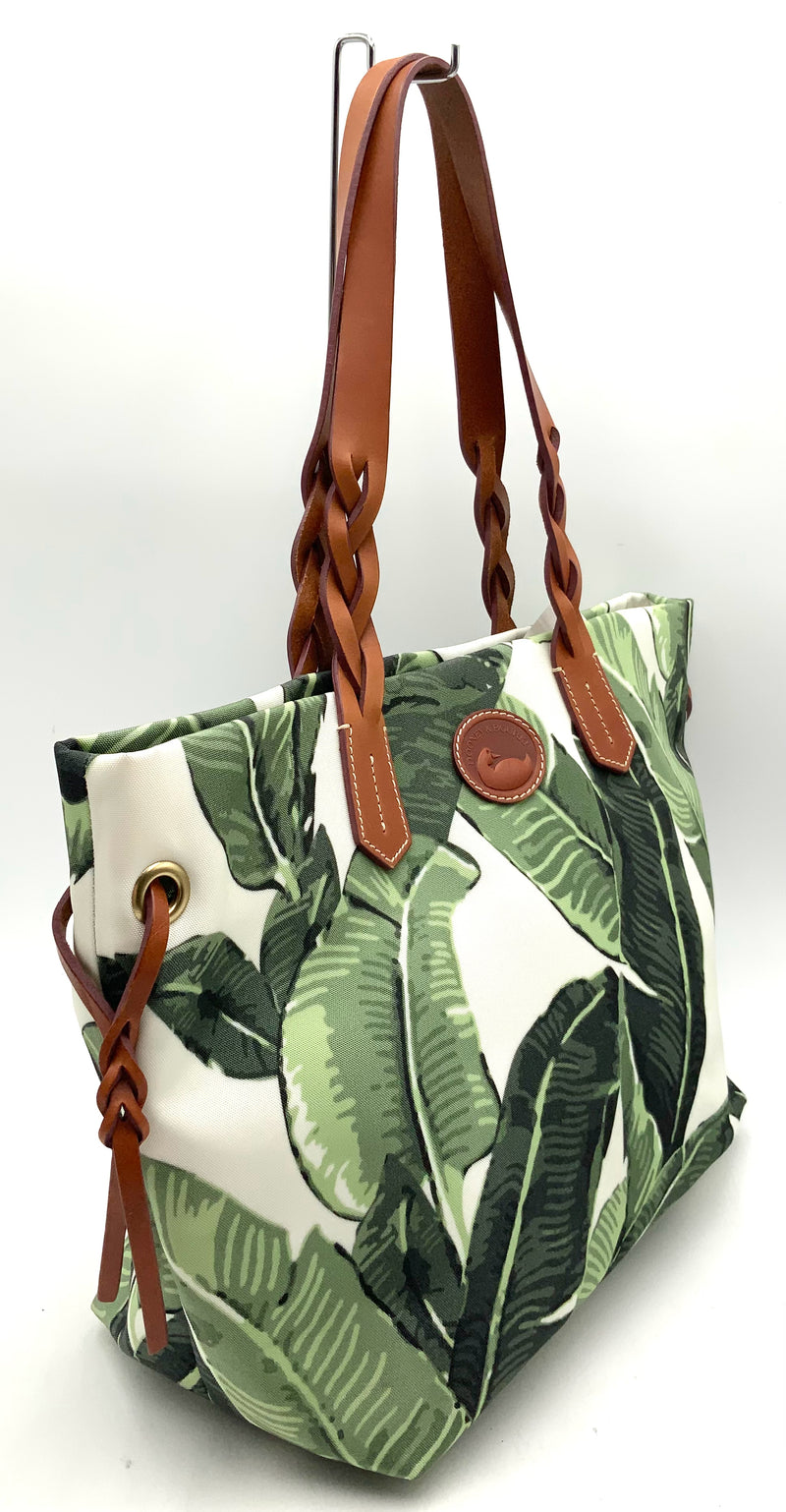 Dooney & Bourke Brown Leather Nylon Banana Leaf Printed Tote Bag