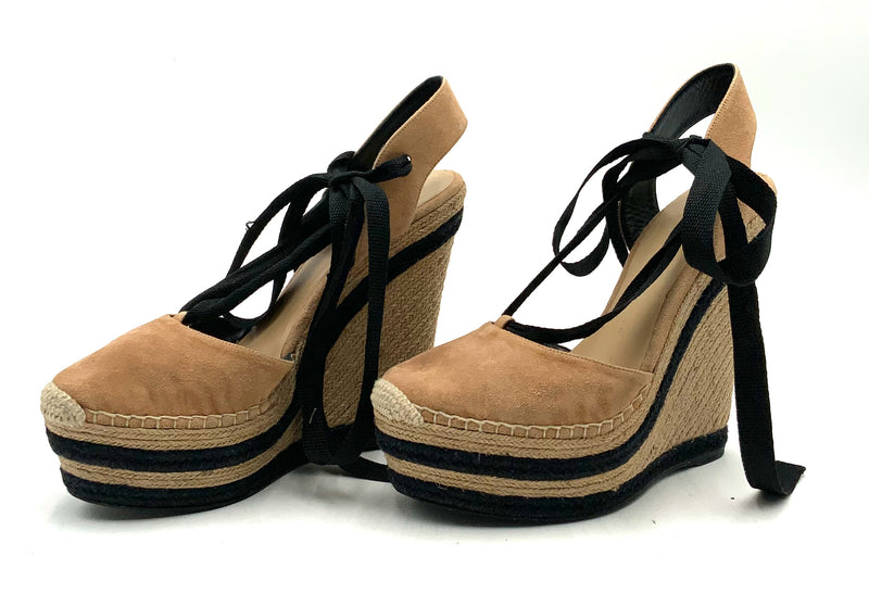 GUCCI Tan Suede Black Ribbon Tie Espadrille Wedges 38
