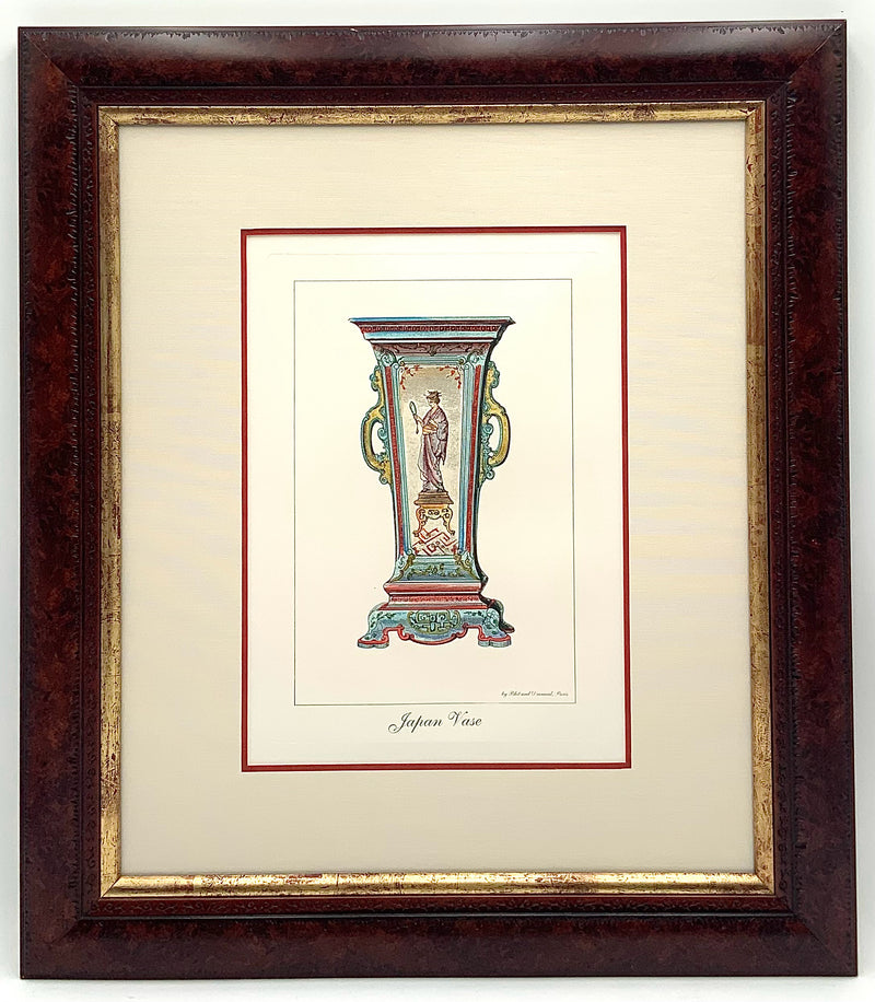 Pair of Japanese Vase Lithographs in Wood Frames