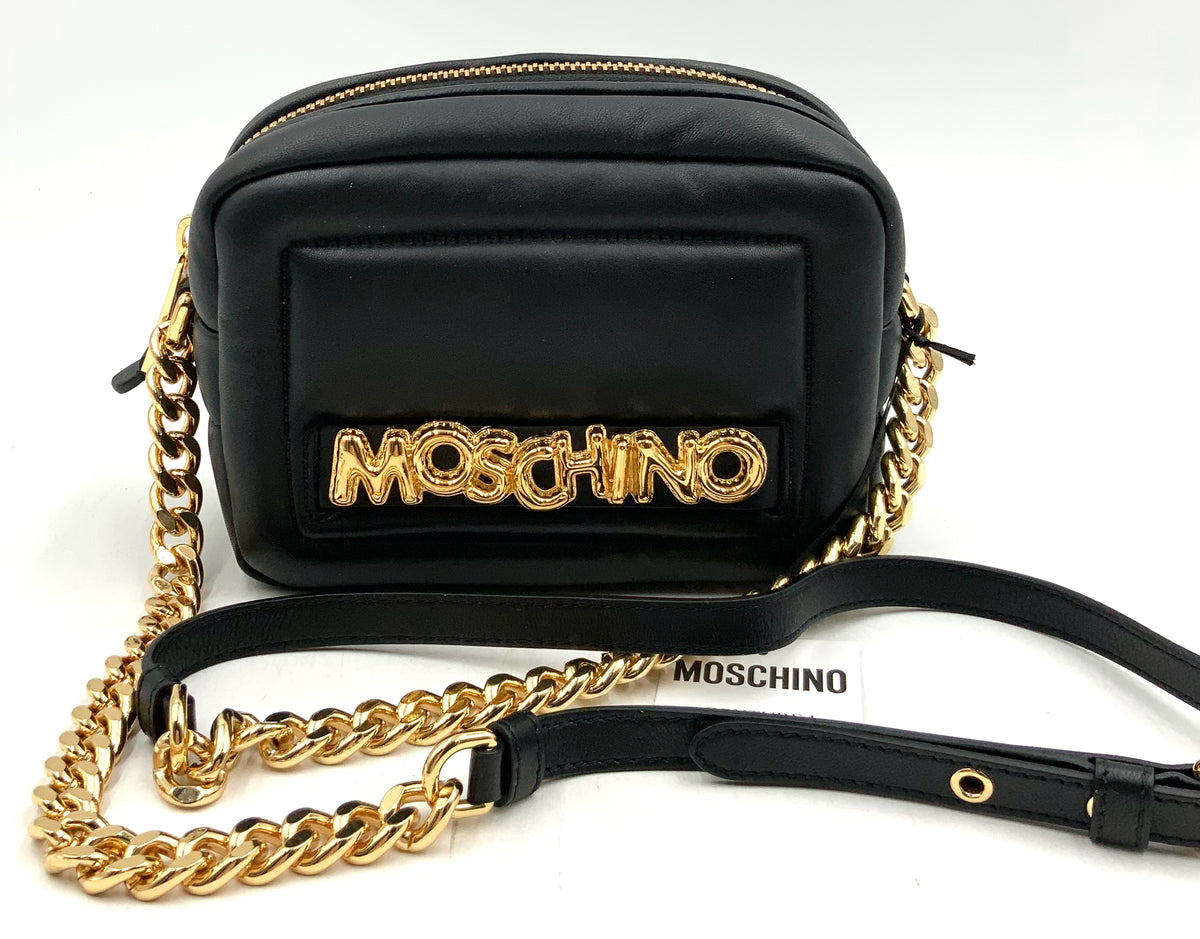 MOSCHINO Couture Black Leather Gold Balloon Letters Chain Strap