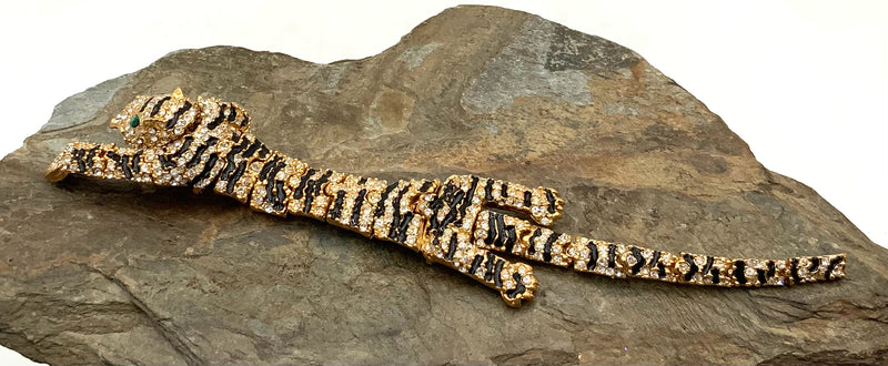 Gold Tone Articulated Rhinestone & Enamel Leopard Brooch
