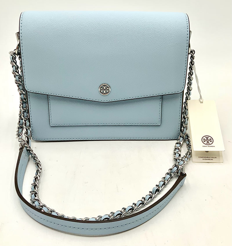 TORY BURCH Blue Mist Leather Robinson Leather Converible Chain Bag