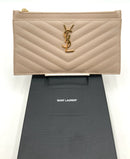 Yves St Laurent Beige Quilted Calfskin Leather Logo Zip Pouch