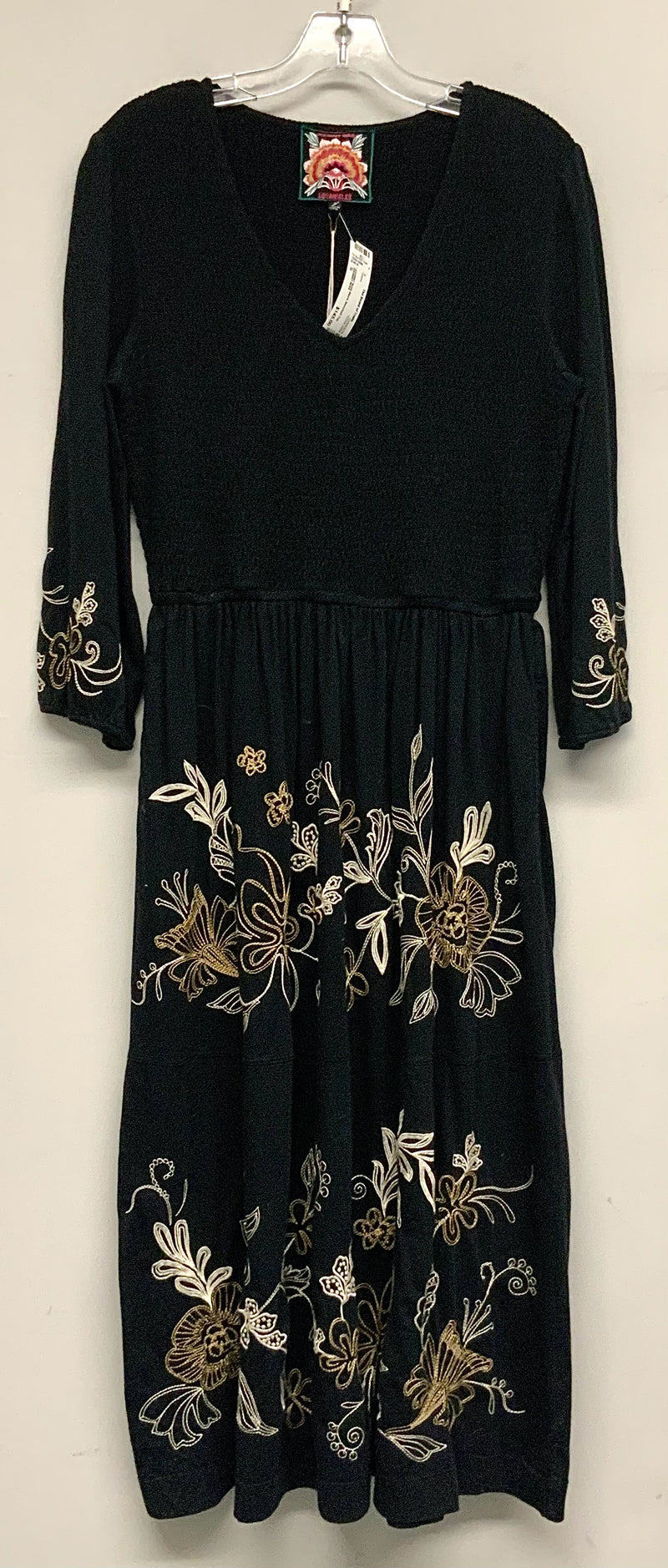 JOHNNY WAS Black Smocked Top Floral Embroidered V Neck Maxi Dress