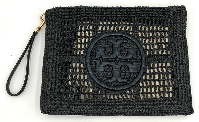 TORY BURCH Black Raffia Reva Logo Ella Zip Clutch