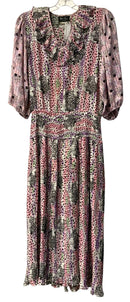 Diane Freis Vintage Pink Black Purple Tiger Face Ruffle Collar Pleated Dress