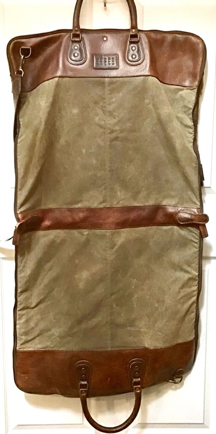 MOORE & GILES Brown Leather Olive Canvas Gravely Garment Bag