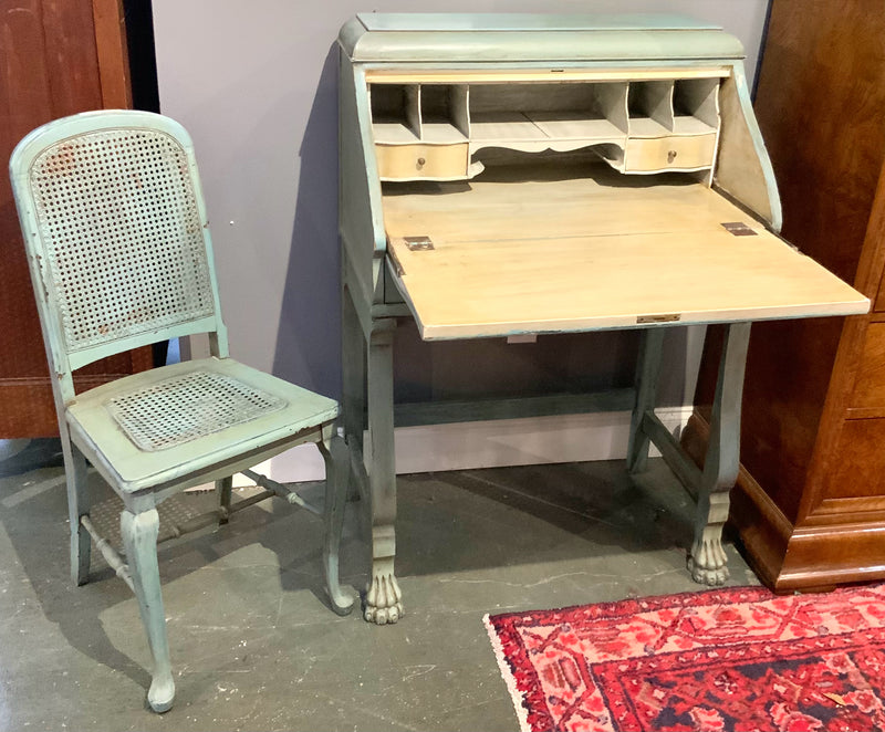 Vintage French Blue Writing Desk with Cane Chair