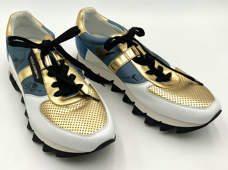 DOLCE & GABBANA White Blue Gold Leather Music Motif Sorrento Sneakers 10