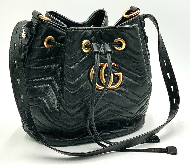 GUCCI Black Sylvie Web GG Marmont Quilted Leather Bucket Bag