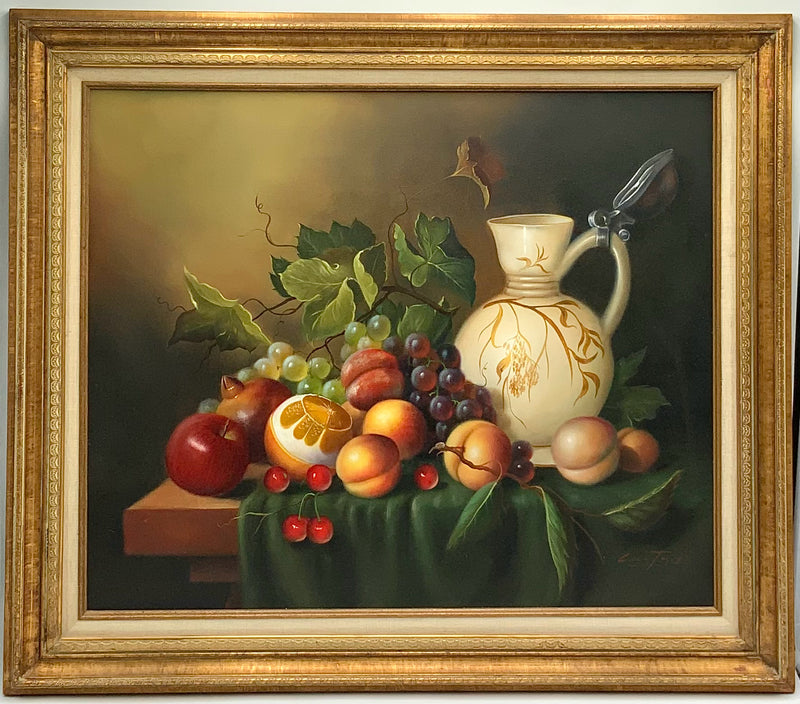 Framed Oil on Canvas of Fruit Still Life with Pitcher