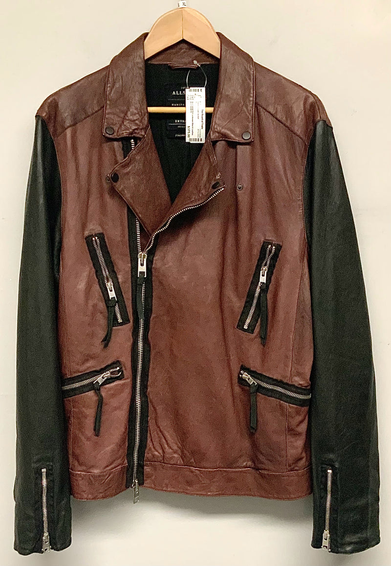 ALL SAINTS Cordovan Black Leather Moto Zip Jacket