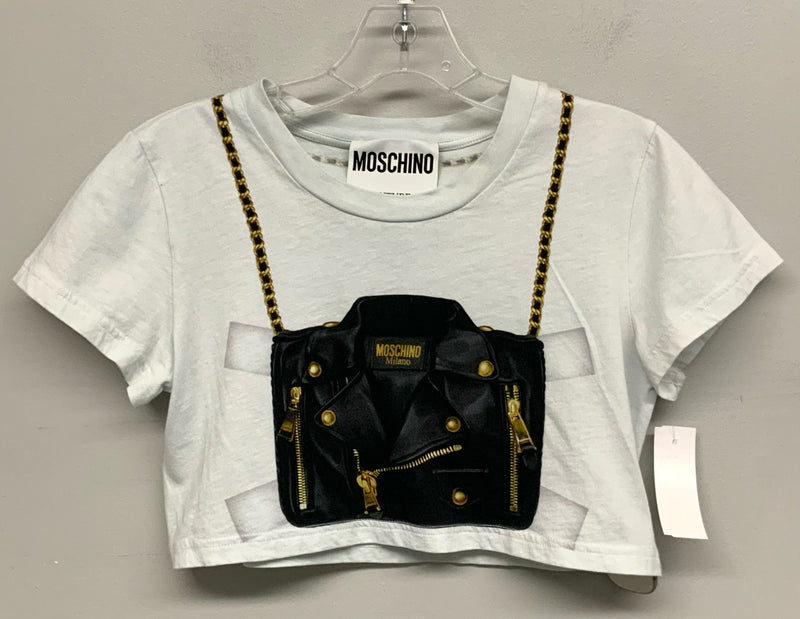 MOSCHINO Couture White Leather Jacket Graphic Cropped S/S Tee