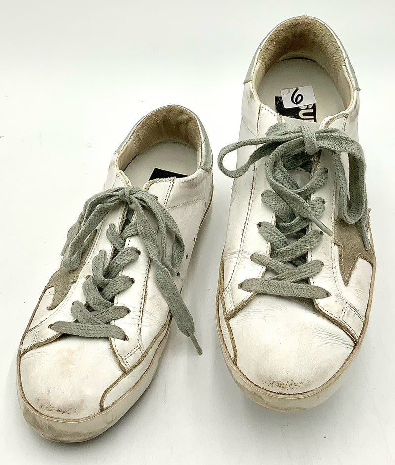 GOLDEN GOOSE White/Silver Mixed Leather Grey Suede Superstar Sneakers 6