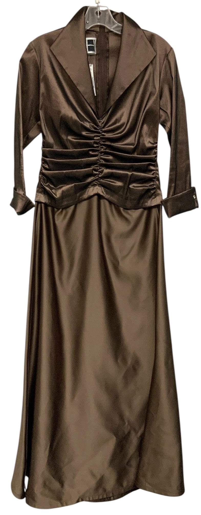 Tadashi Brown Taffeta Ruched Waist Collared Top Formal Gown