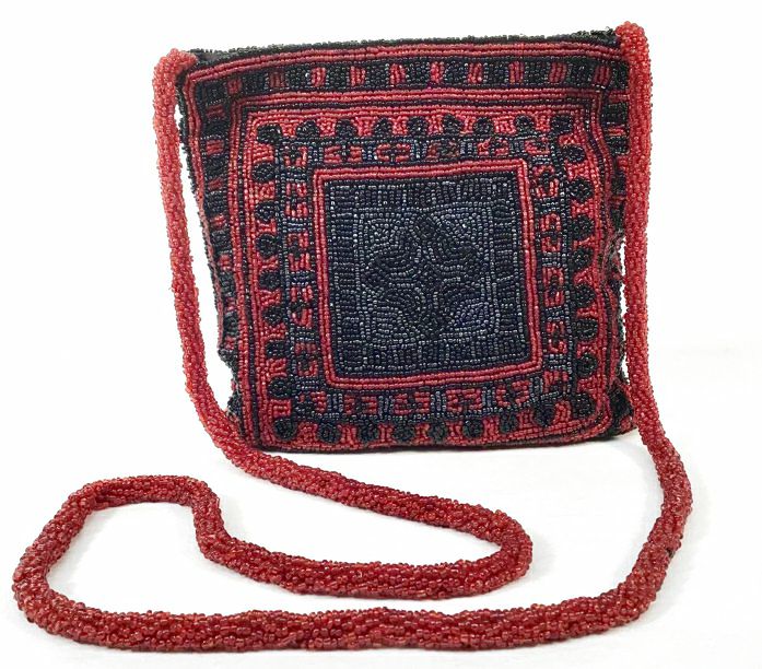 CHRISTIAN LIVINGSTON Vintage Black Red Seed Bead Shoulder Bag