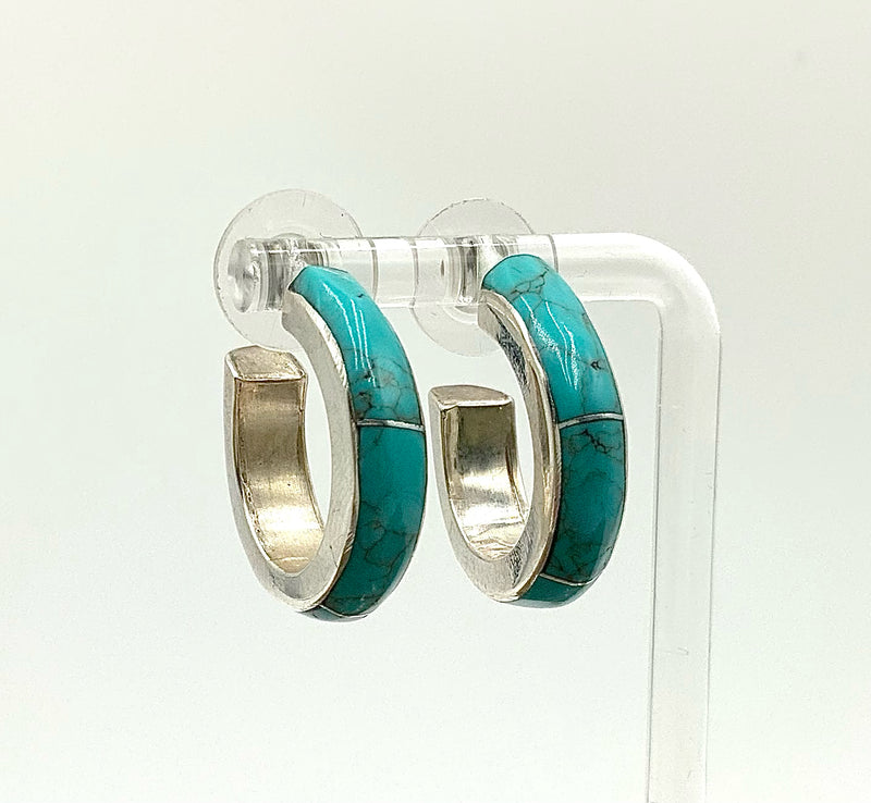 MEXICO STERLING & Turquoise Inlay Hoop Earrings