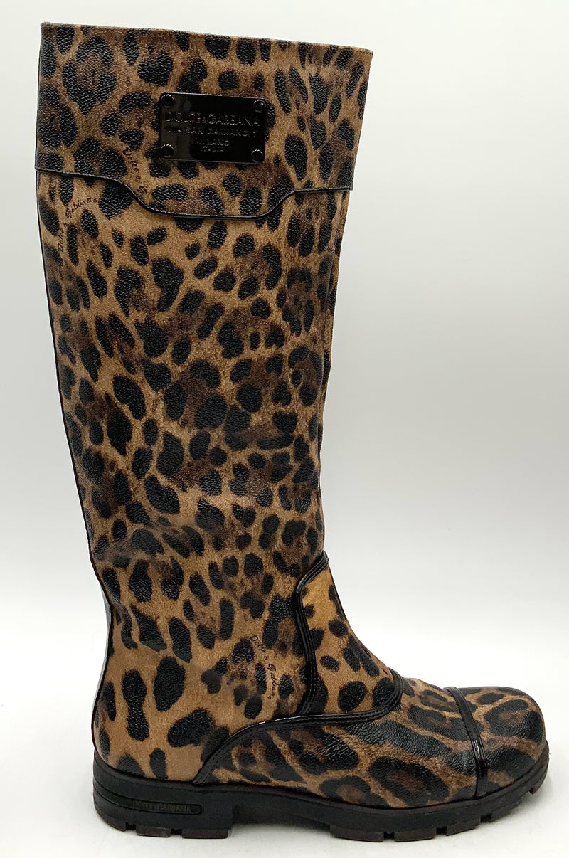 DOLCE & GABBANA Leopard Leather Black Patent Knee High Boots 38.5