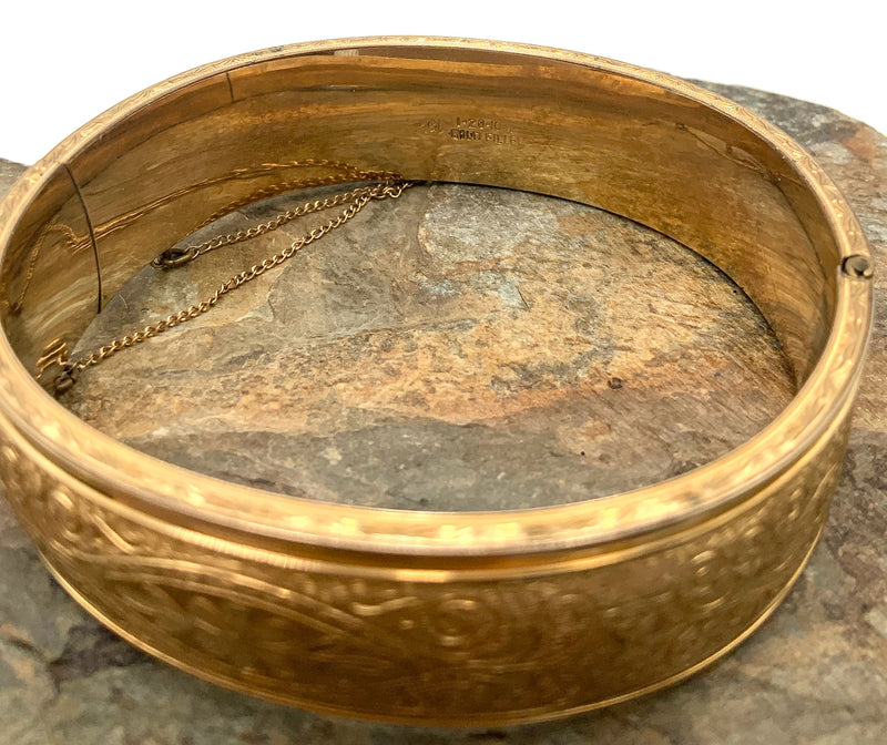 Gold Filled Scroll Pattern Hinged Bangle Bracelet