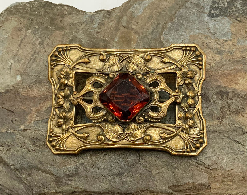 Gold Tone Amber Glass Scratched Stone