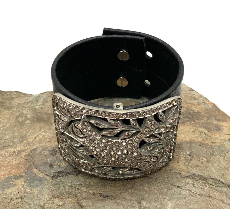 Silvertone Metal & Pave Rhinestone Leather Cuff